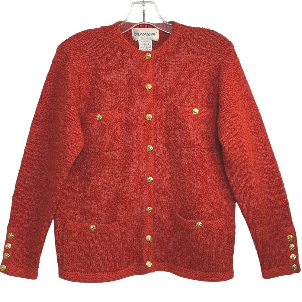 VTG Tanner Cardigan Sweater Women Red Orange Gold Crest Button Pockets Fall S